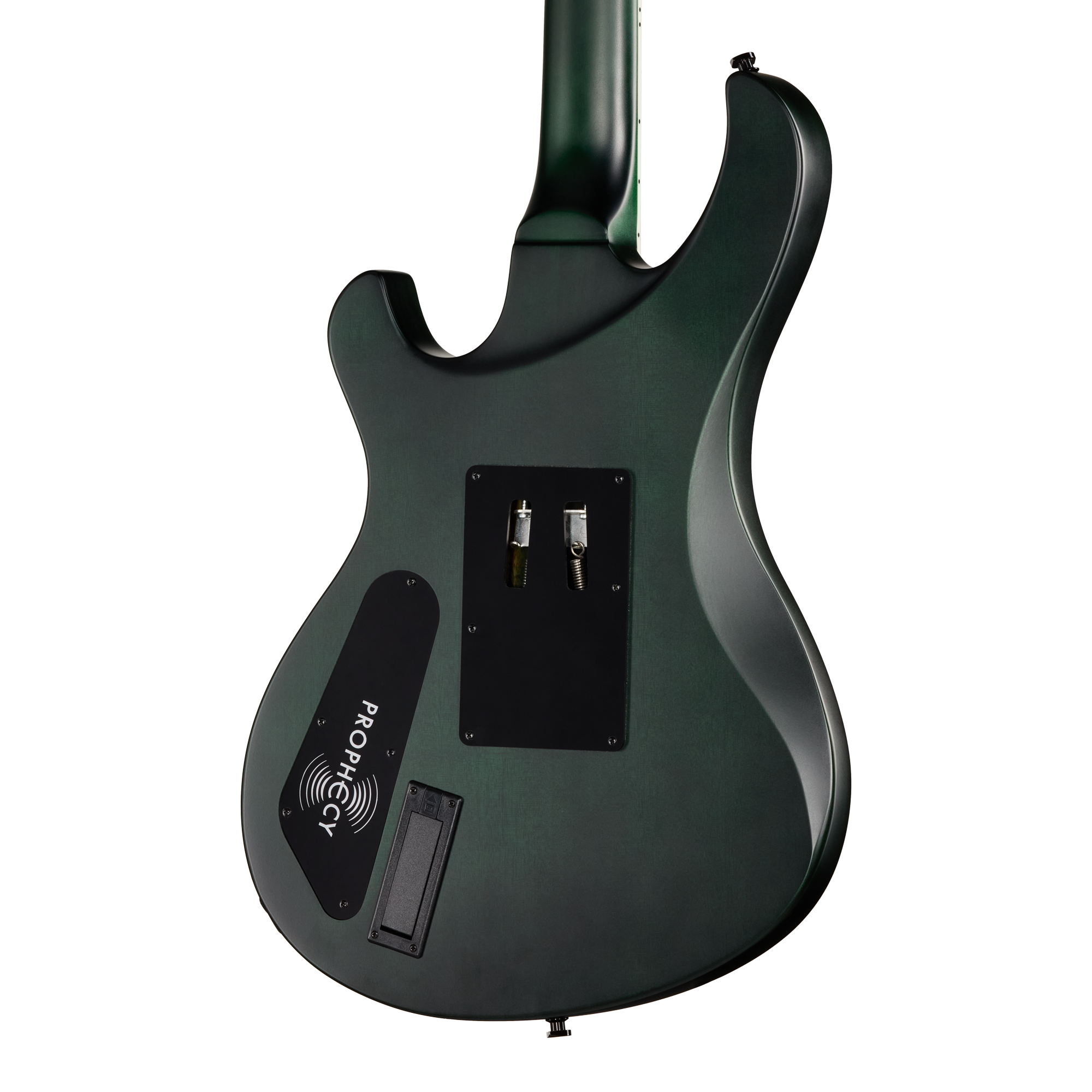 E-Gitarre, dunkelgrün, massiver Korpus, rückseitiges Elektronikfach, Korpusrückseite